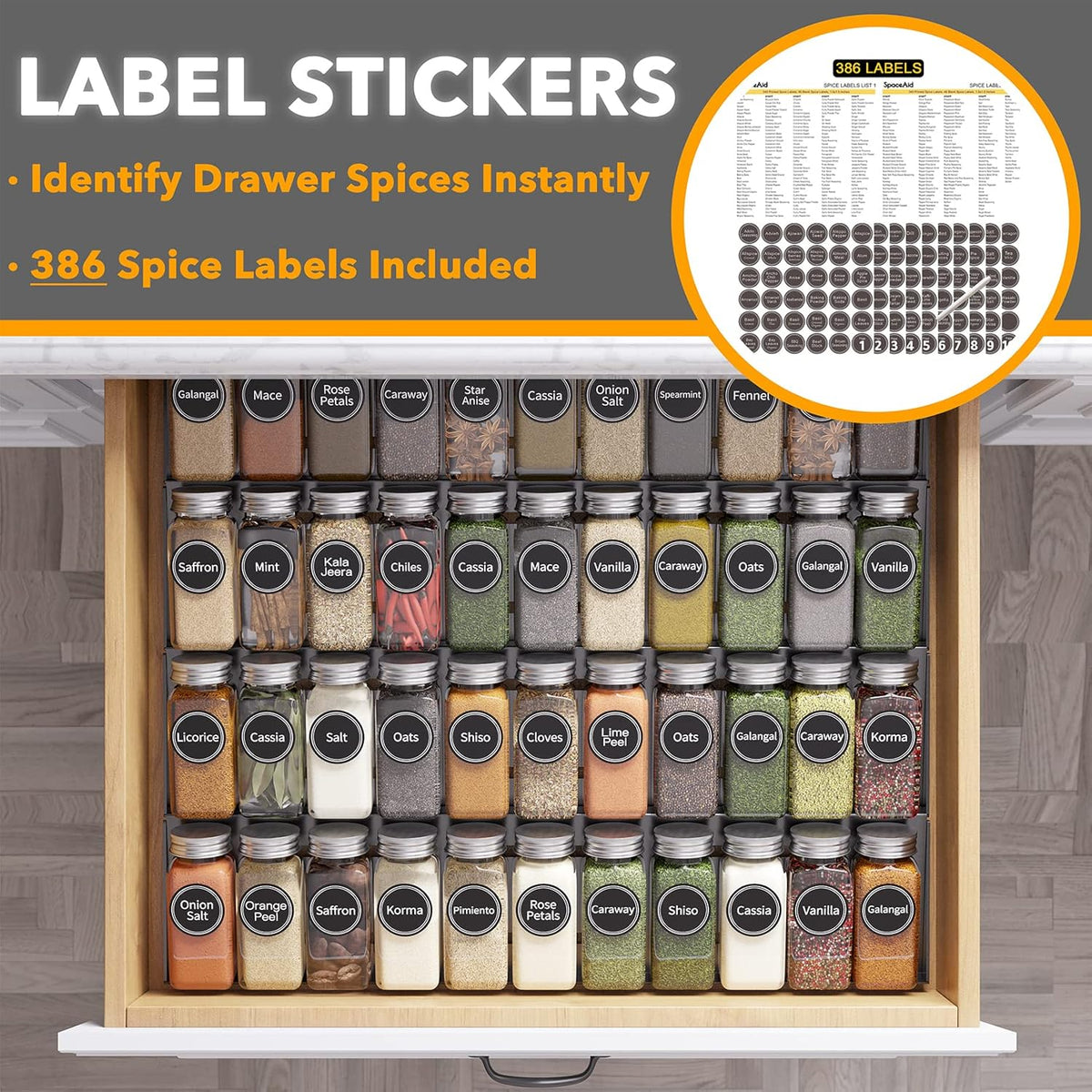 SpaceAid Spice Drawer Organizer with 44 Spice Jars, 386 Spice Labels, 4 Tier Seasoning Rack Tray Insert for Kitchen Drawers, 20.25" Wide x 17.5" Deep