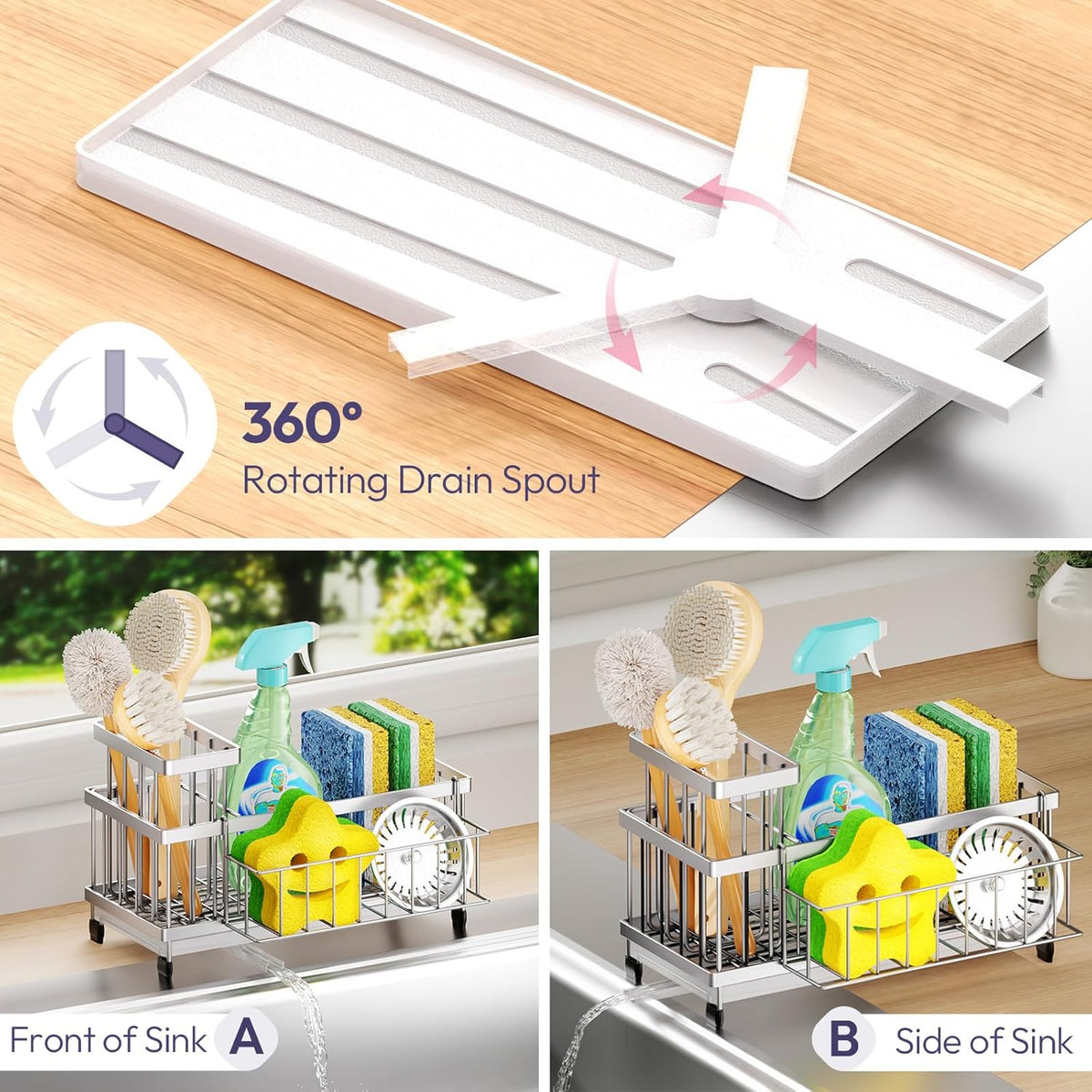 SWTYMIKI Sink Caddy Sponge Holder - Large Sponge Holder for Kitchen Sink with 360°Auto-Drain Tray, Rustproof Stainless Steel Kitchen Organizer Caddy for Countertop Organization