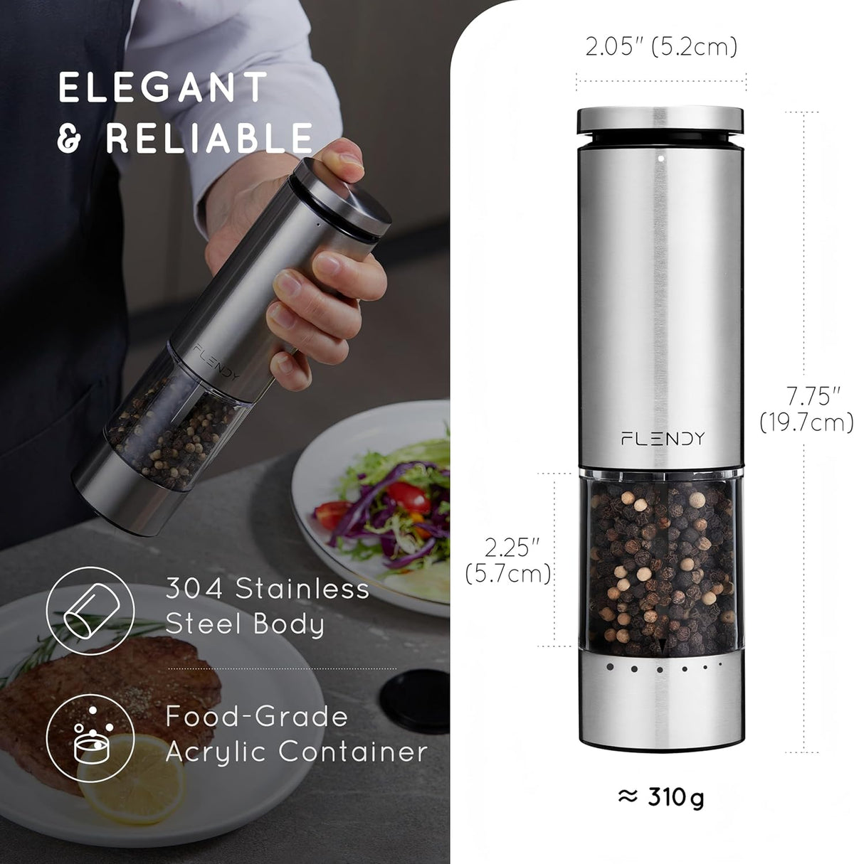 Electric Salt and Pepper Grinder Set Rechargeable, Automatic Salt and Pepper Grinder Set with Oversized Top Button, Stainless Steel Electric Salt and Pepper Shakers Set