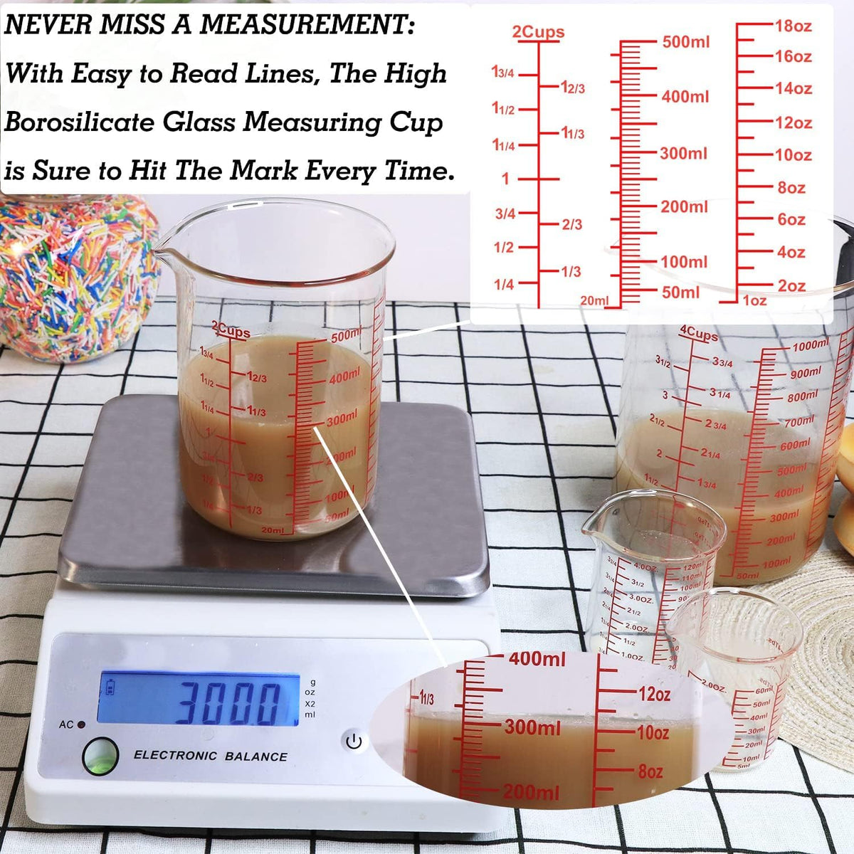 3 Piece Glass Measuring Cup Set, Includes 2-Cup, 4-Cup, and 8-Cup High Borosilicate Glasss Liquid Measuring Cups, Dishwasher, Freezer, Microwave, and Preheated Oven Safe, Essential Kitchen Tools