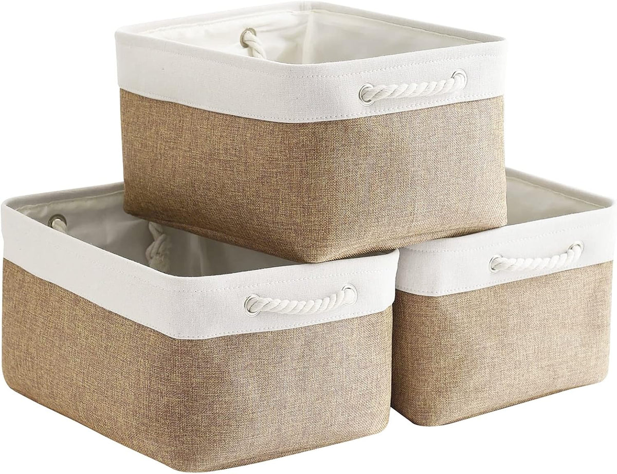 Fabric Storage Baskets - Rectangular Baskets for Organizing Fabric, Shelves & Decorative Use (White & Khaki)