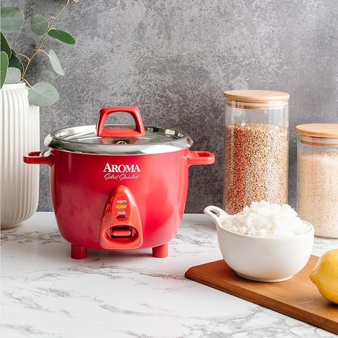 Aroma Housewares Select Stainless Rice Cooker & Warmer with Uncoated Inner Pot, 6-Cup(cooked)/ 1.2Qt, ARC-753SGR, Red