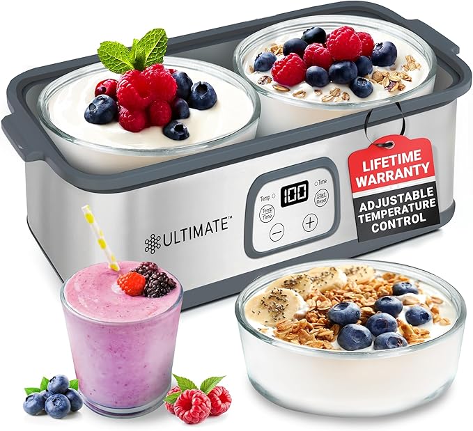 Ultimate Probiotic Yogurt Maker with Adjustable Time & Temperature Control, Make Trillions of Probiotics for Better Gut Health, Two 1-Quart Containers for Larger Batches, ULTIMATE LIFETIME WARRANTY