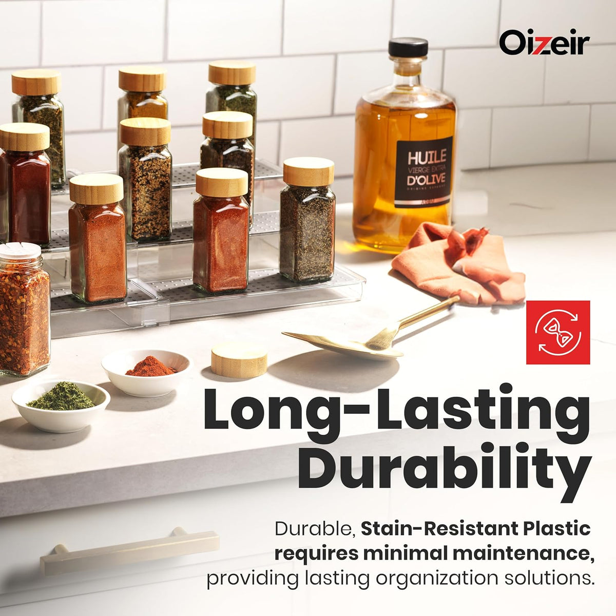 Expandable Spice Organizer Rack (2-PACK) - 3-Tier - Clear Adjustable Tiered Shelf Spices Organization for Kitchen Cabinet and Pantry Storage