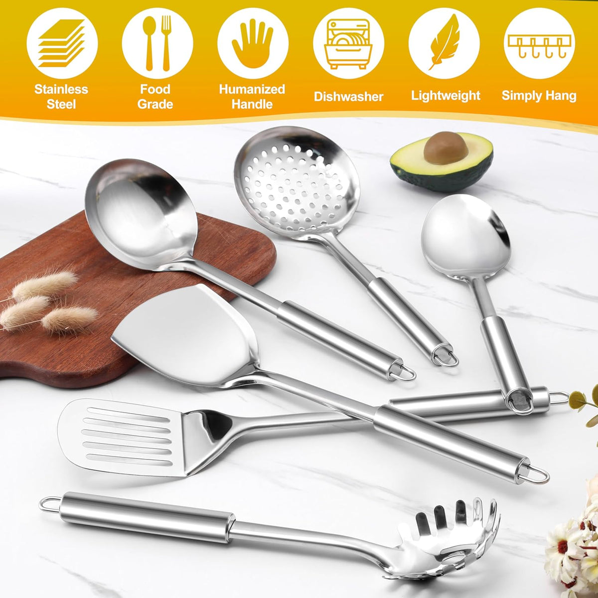 E-far 6-Piece Cooking Utensils Set, Stainless Steel Kitchen Utensils, Metal Heat Resistant Kitchen Tools Set Including Spoon, Soup Ladle, Slotted/Solid Turner, Skimmer, Pasta Server, Dishwasher Safe