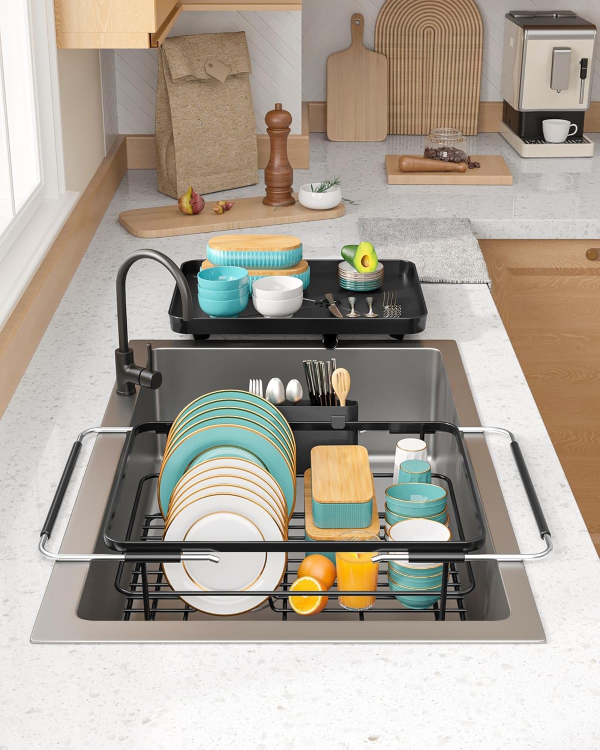 Over Sink Dish Drying Rack with Drain Board, Stainless Steel 2 in 1 Sink Organization and Storage, Dish Drainer for Kitchen Counter, Home and Apartment Essentials, 12" W x 16.1~23" L, Black