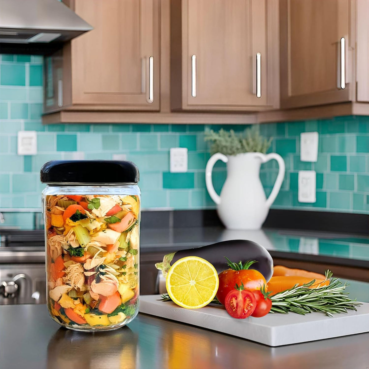 Jarming Collections Mason Jars - 32 oz Glass Storage Jars with Extra Wide Mouth Lids, BPA Free and Food Safe - Set of 2 with 2 Black Dome Plastic Lids