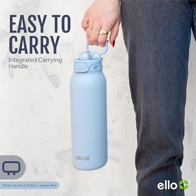 Ello Pop & Fill 32oz Stainless Steel Water Bottle with QuickFill Technology, Double Walled and Vacuum Insulated Metal, Leak Proof Locking Lid, Straw and Chug, Reusable, BPA Free, Full Bloom