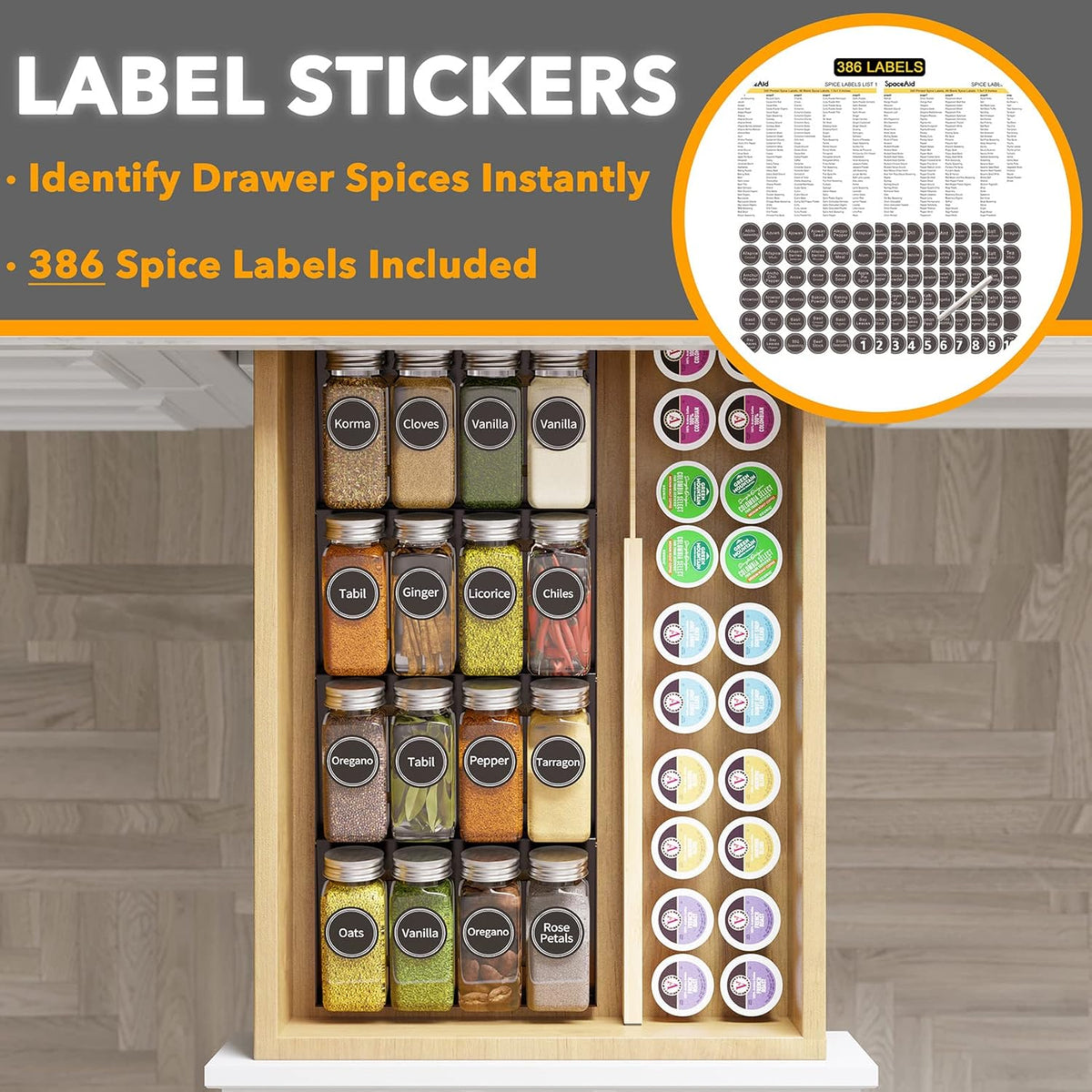 SpaceAid Spice Drawer Organizer with 16 Spice Jars, 386 Spice Labels, 4 Tier Seasoning Rack Tray Insert for Kitchen Drawers, 7.5" Wide x 17.5" Deep