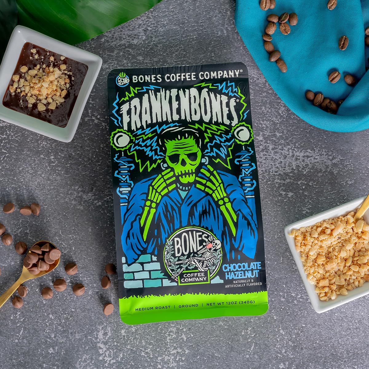 Bones Coffee Company Frankenbones Chocolate and Hazelnut Flavored Coffee, Medium Roast Low Acid Arabica Beans Compatible with Auto drip and French Press Coffee Maker, 12 Oz Whole Bean