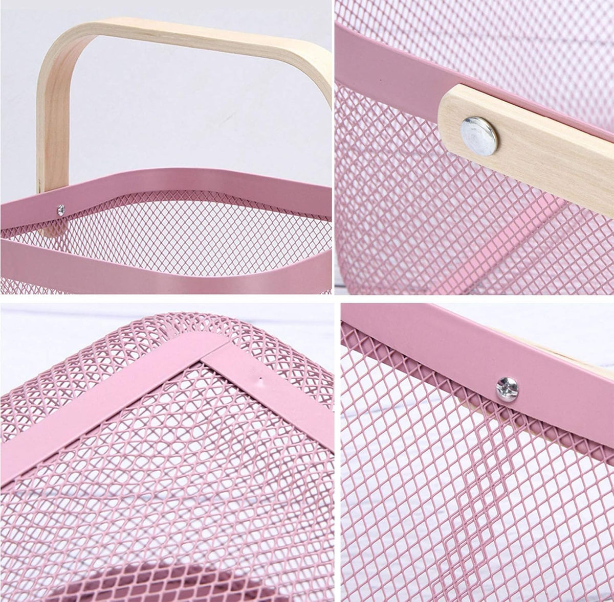Metal Mesh Steel Basket, Storage Organizer Basket Multi-functional Hanging Kitchen Baskets Fruit Basket Bin with Bamboo Handle for Kitchen Bathroom Picnic Shopping Decor Cabinet Home, Pink