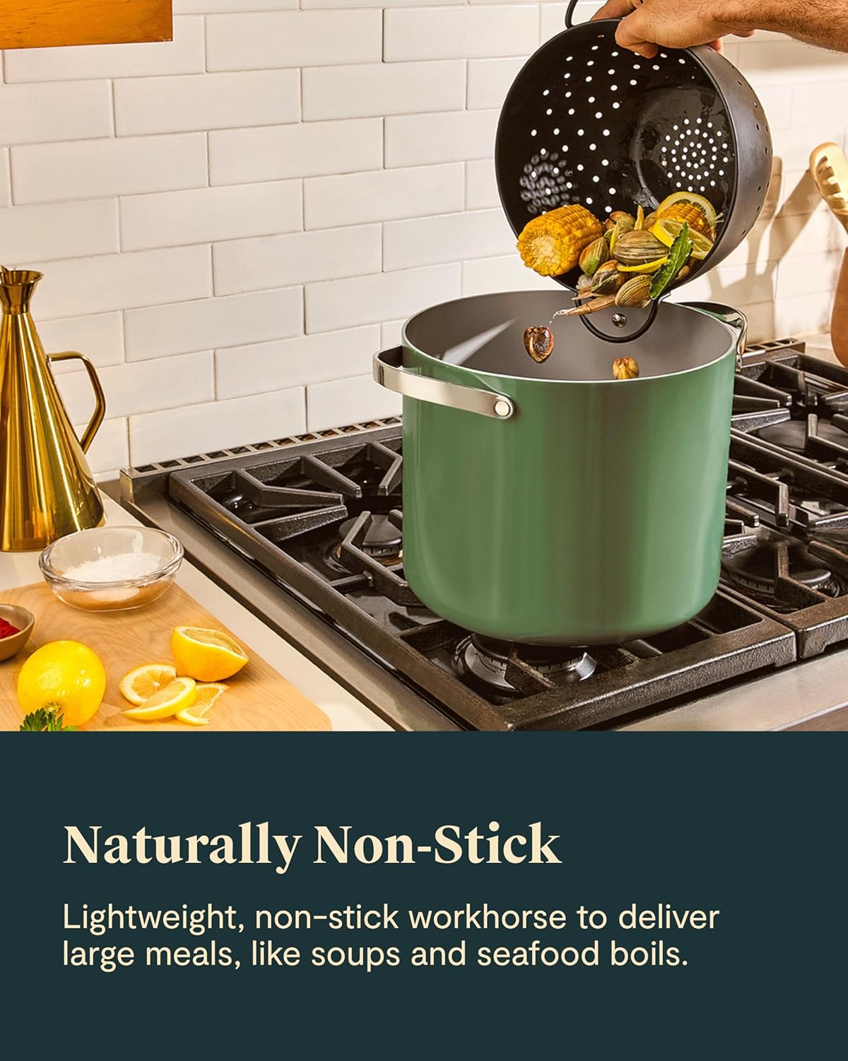Caraway Stock Pot - 12 Qt Ceramic Coated With Lid - Free From Forever Chemicals - Large for Bigger Batches - Marigold