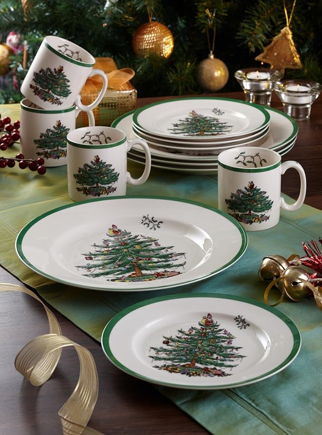 Spode Christmas Tree 4-Piece Dinnerware Setting - Fine Earthenware Holiday Tableware - Dishwasher & Microwave Safe, Festive Christmas Plates, Bowls, Mug - Holiday Dining Essentials