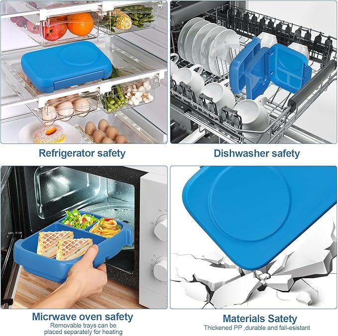 Kids Chill Leak-Proof Lunch Box-Included Reusable Ice Pack Keeps Food Cold;3-Compartment Bento Lunch Container,Microwave & Dishwasher Safe,Bento Lunch Box for School,Trvael (Blue)