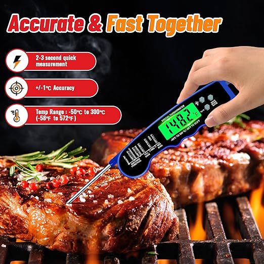 Meat Thermometer Digital, Instant Read Meat Thermometer with Backlight & Magnet for Kitchen, Beef, Grill, Turkey,IP67 Waterproof Cooking Thermometer，Suitable as Stocking Stuffers for Men