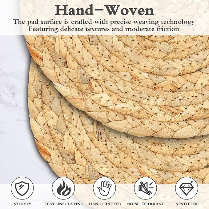 Boho Trivets for Hot Dishes, Pots and Pans, Farmhouse Water Hyacinth Hot Pads 8 Inch, Straw Pot Holders for Kitchen, Rustic Braided Heat Resistant Mat, Jute Coasters Set Wicker Decor (Natural 3 Pcs)