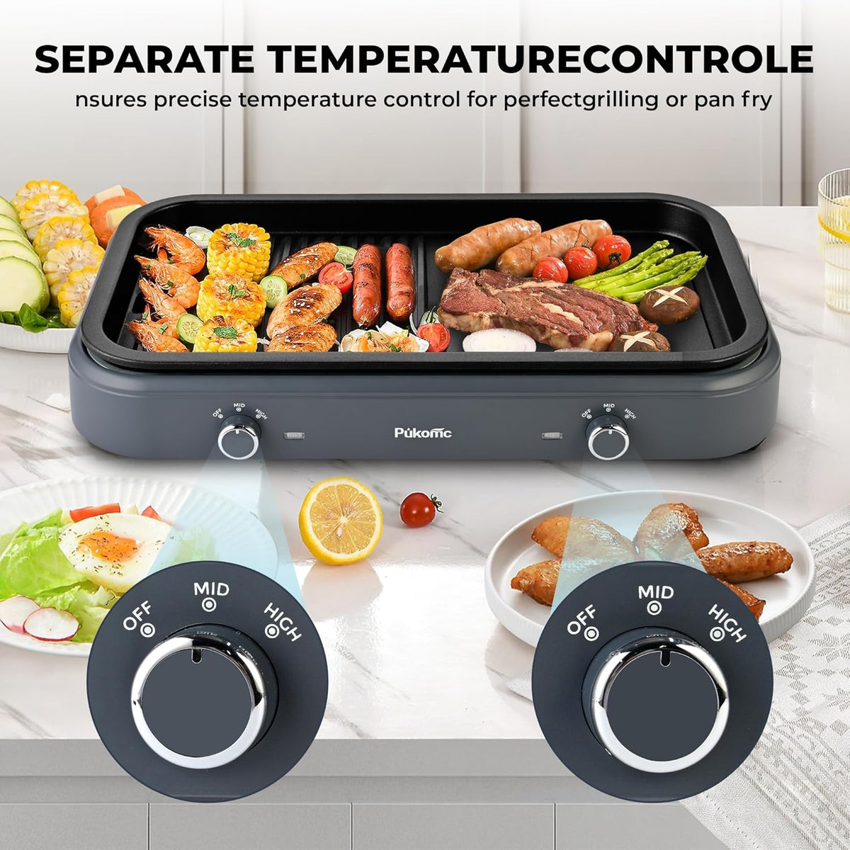 Pukomc Electric Indoor Grill,1500W,Non-Stick Cooking,Adjustable Dual Cooking Zones with,indoor grills electric smokelessSafe for Family, Party, Kitchen Use,gray