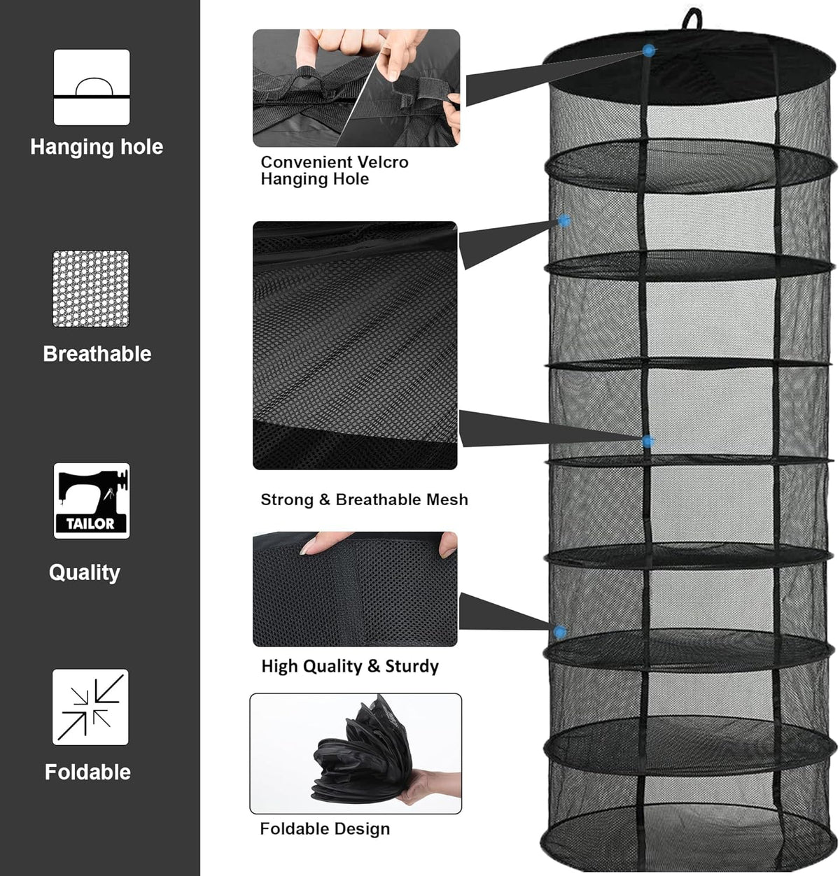 Desy & Feeci Herb Drying Rack Hanging, 8 Layer Collapsible Mesh Dry Net Herb Dryer with S Hang Buckle and Storage Bag, Black (Diameter 60 cm)
