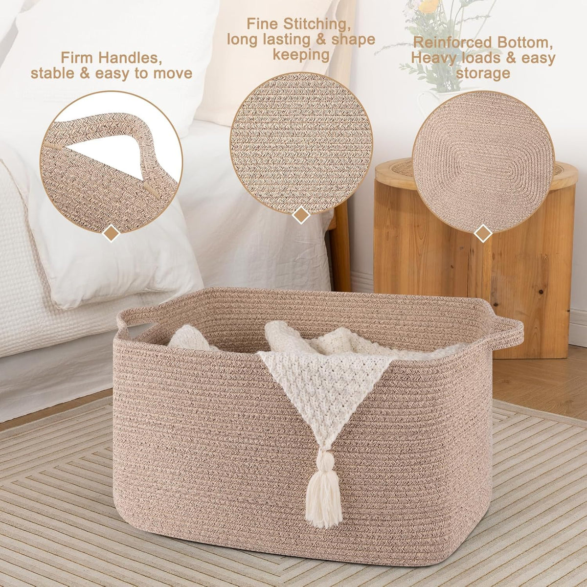 65L Large Storage Basket, Cotton Rope Woven Blanket Basket, Toy Storage for Baby Room, Living Room, Brown