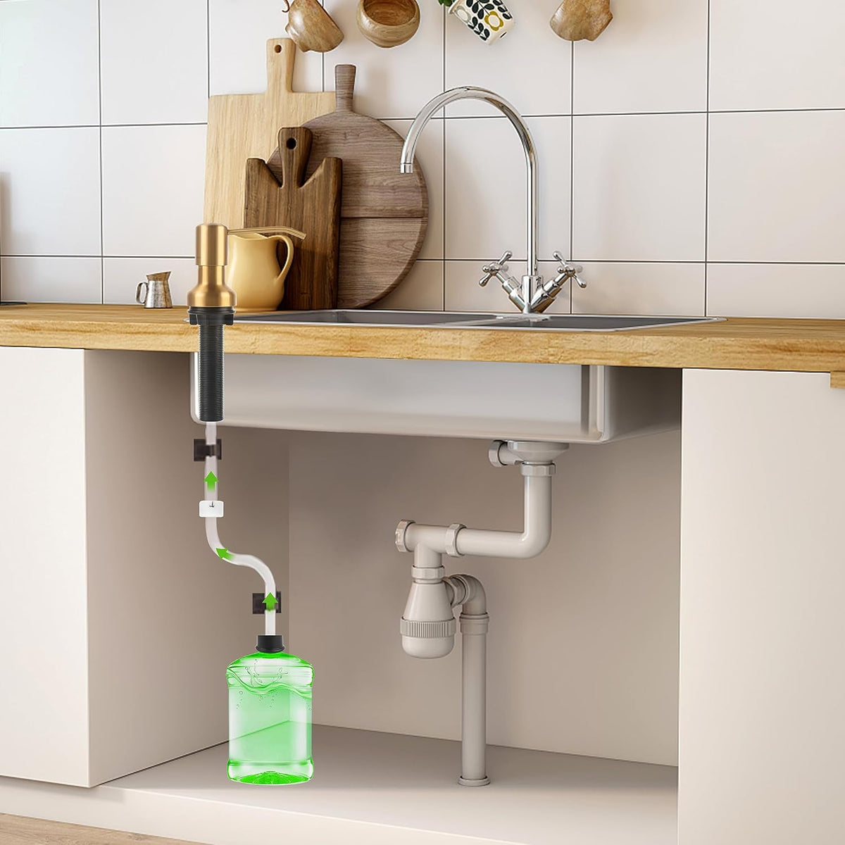 Soap Dispenser for Kitchen Sink, Sink Soap Dispenser with Longer Threaded Shaft Shank, 47" Extension Tube Connects Directly to Dish Soap Container, Wider Pump Head Base（Golden）