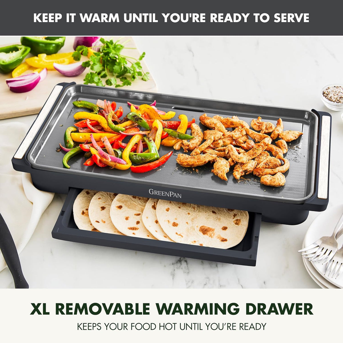GreenPan Advanced 10.5”x 20” Electric Griddle with Warming Drawer, Healthy Ceramic Nonstick PFAS-Free Coating, Temperature Control, Easy and Versatile Countertop Meals, Dishwasher Safe, Graphite