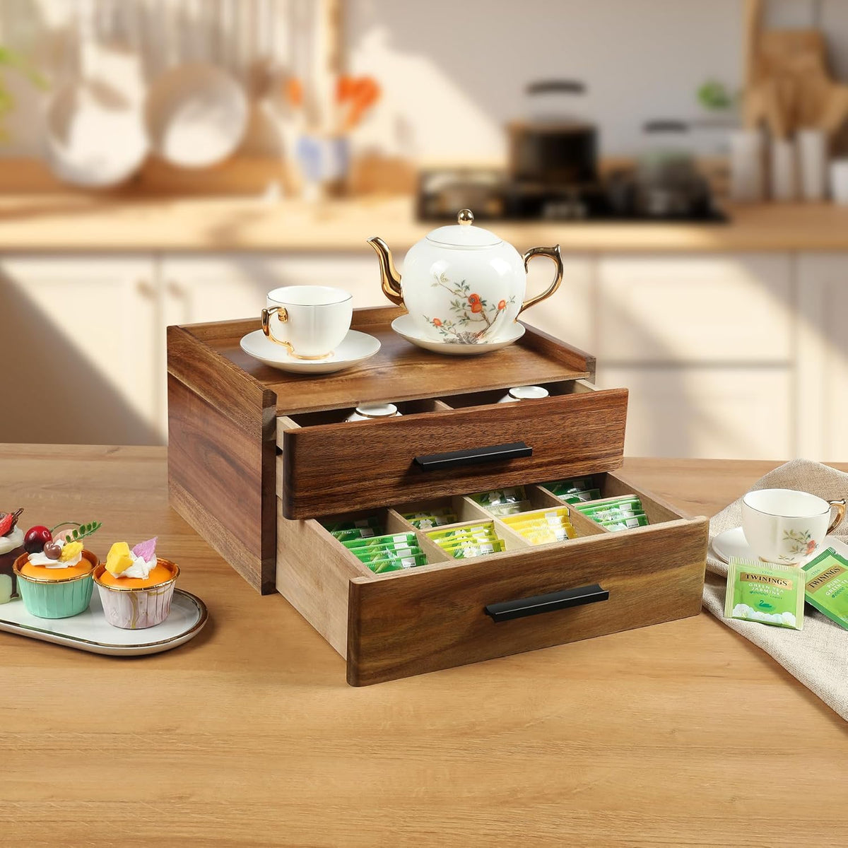 Double-Drawer Acacia Wood Tea Bag Organizer - Tea Box with Drawer, Tea Accessories for Tea Organizers and Storage Box, Tea Station Chest Caddy for Countertop Cabinet Office (16-Compartment, Gift Box)
