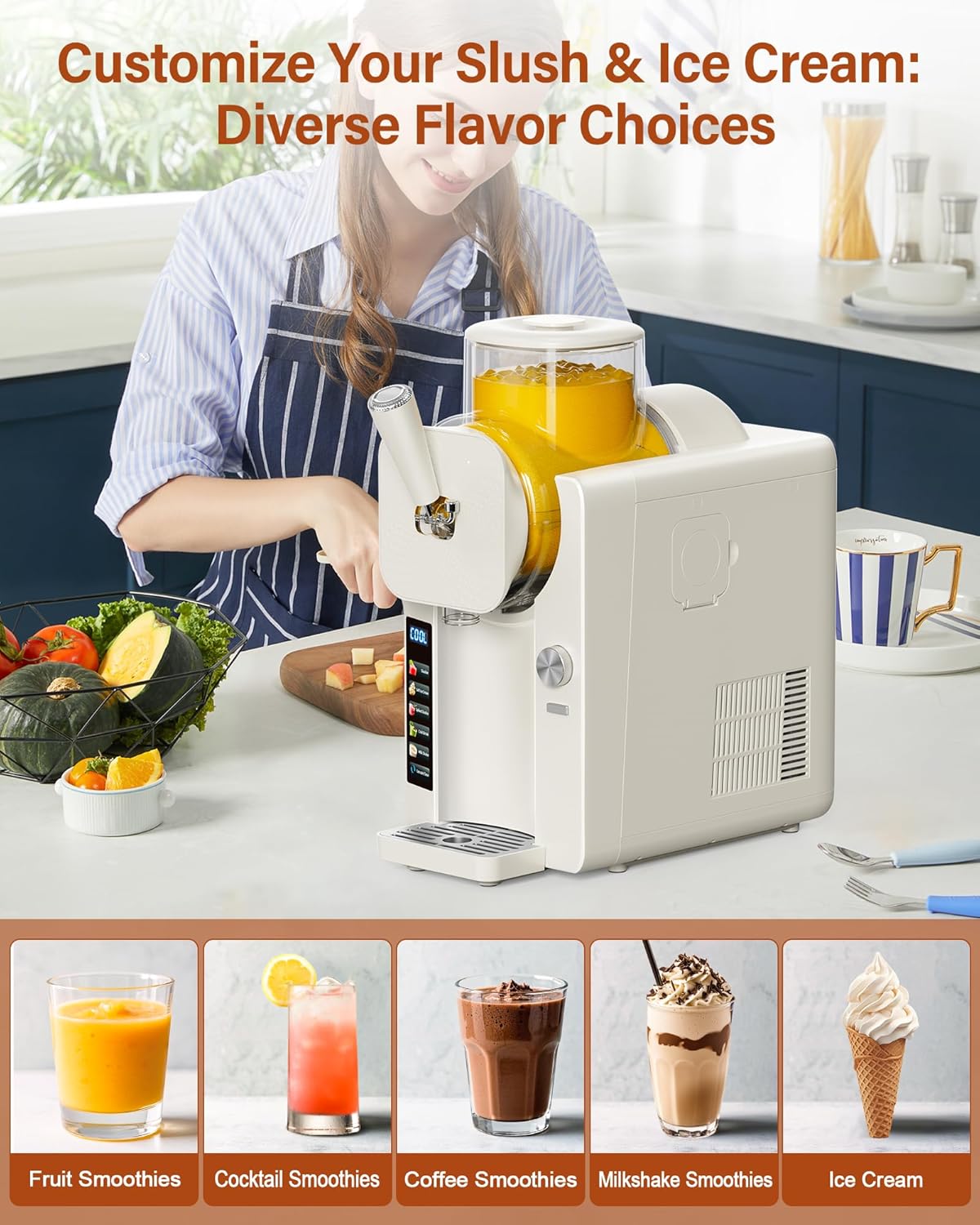 Slush Machine & Ice Cream Maker Machine 2-IN-1, 6 Modes for Smoothies, Milkshakes, Cocktails, Margarita, and Ice Cream, Double-Layer Tank, With Ice Cream Cone Holder, Self-Cleaning, For Home Use