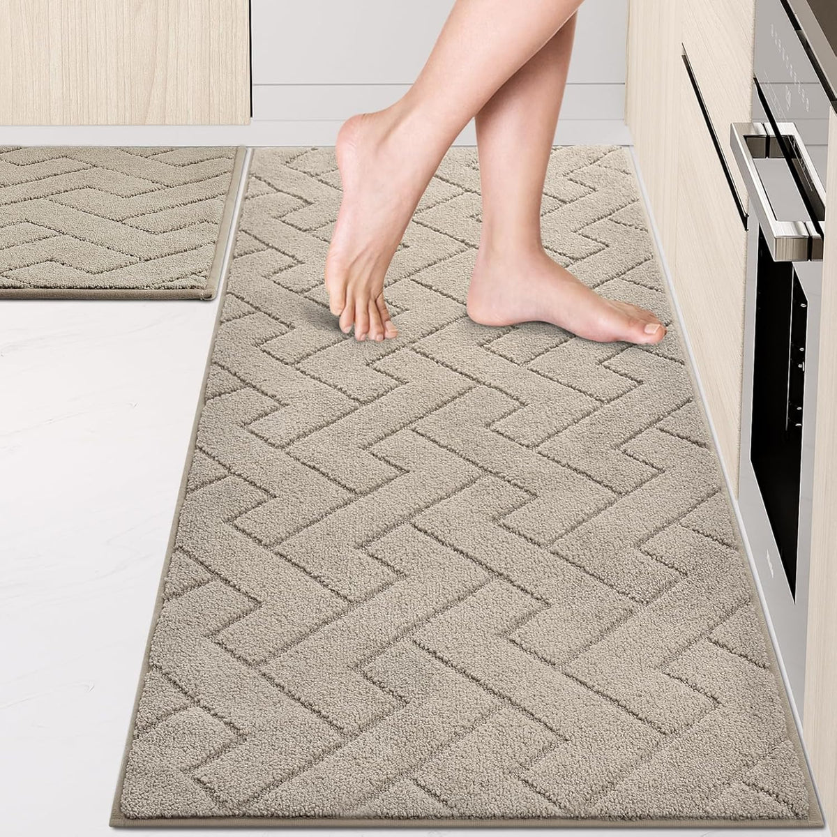 Machine Washable Kitchen Rugs Set (24" x 36"+24" x 60"), Non-Slip Kitchen Runner Rugs Mats for Floor, Absorbent Comfort Standing Mats for Kitchen, Sink and Hallway, Rolled Packaging, Taupe