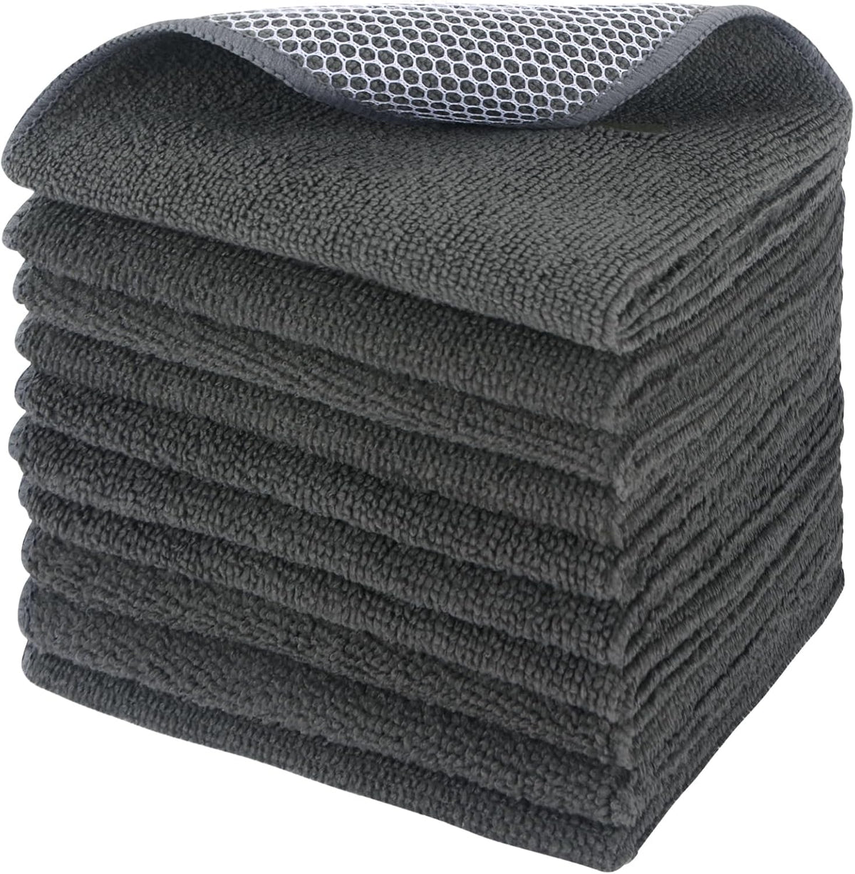 SINLAND Microfiber Dish Cloths Wash Clothes for Kitchen Best Kitchen Cloths Cleaning Cloth Poly Scour Side 12"x12" (10Pack, Dark Grey)