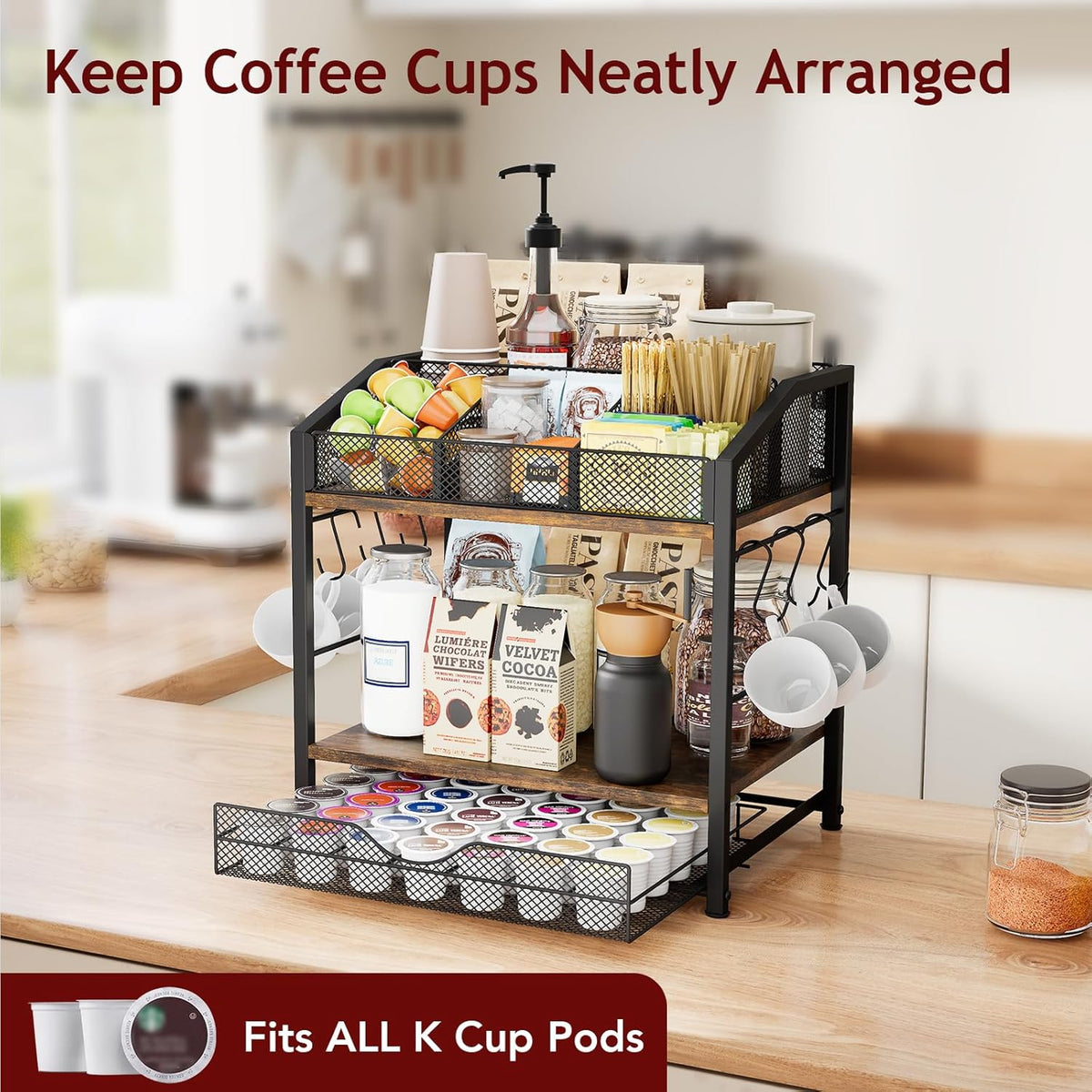 Coffee Bar Organizer - Countertop Coffee Station, 42 K Cup holder Storage Basket with Drawer and Hooks for Syrup, Cups, Stirrer, Condiment, Tea Organizer, Black and Brown