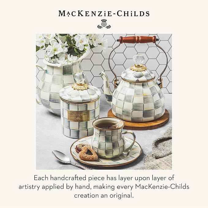 MACKENZIE-CHILDS Enamel Tea Kettle, Stylish Tea Kettle for Stovetop, Grey-and-White Sterling Check, 2 Quarts