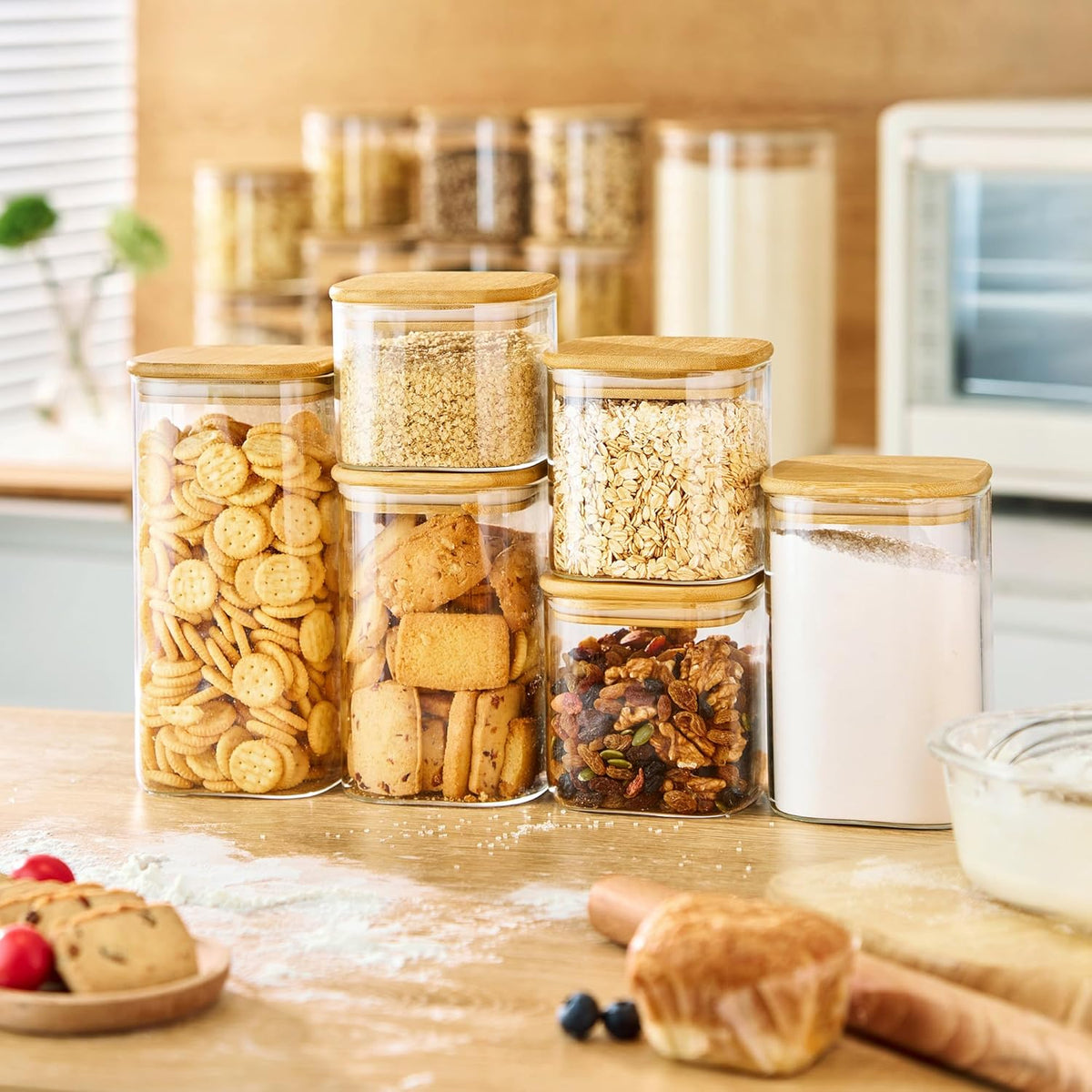 Extra Large Square Glass Flour & Sugar Storage Containers with Airtight Lids, 168oz 2 Pack Glass Jars with Bamboo Lids, Air tight Pantry Food Storage Containers for Cereal, Pasta, Rice Organizers