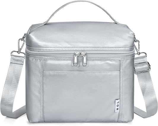 NOL Natural Organic Lifestyle Insulated Lunch Bags for Women Cooler Bag Lightweight Nylon Waterproof Lunch Box For Work (Silver, Medium(normal))