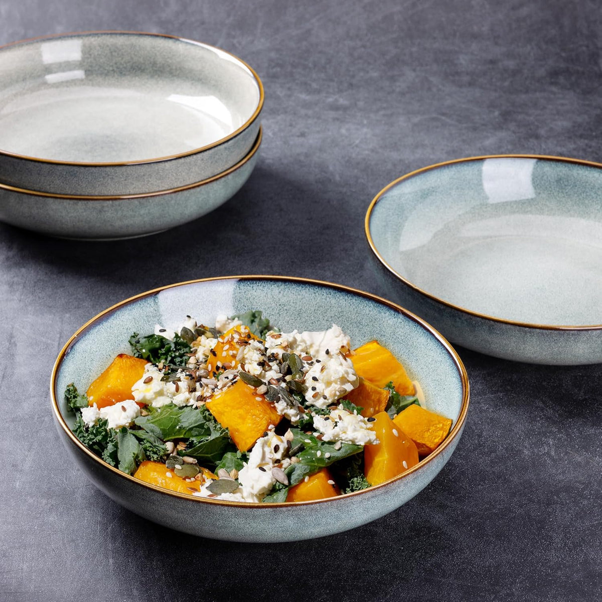 AmorArc 8.5'' Large Ceramic Pasta Bowls, 36oz Stoneware Pasta Serving Bowls Set of 4 for Kitchen, Wide Bowls for Pasta,Salad,Oatmeal, Microwave Safe, Reactive Glaze-Ocean