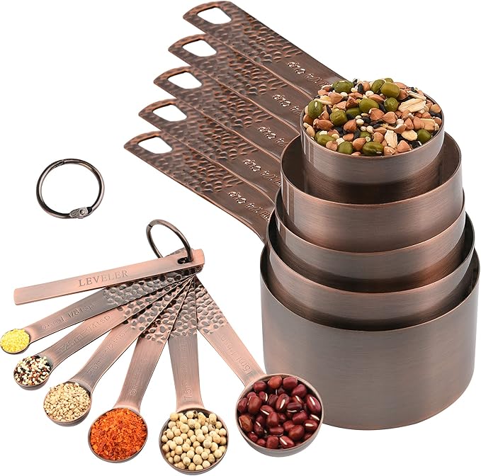 Measuring Cups and Spoons Set 12, Metric & US Copper Measuring Cups and Spoons Set for Kitchen and Baking, Dry & Liquid Metal Measure 5 Cups 6 Spoons With 1 Leveler