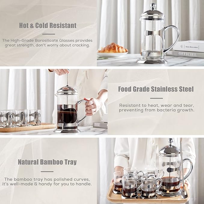 DUJUST Silver French Press Set with 6 Cups & Tray, Luxury Design Coffee Maker with 4-Level Filter System, Hot & Cold Resistant Glass French Coffee Press Set, Well Packed, Holiday Gift & Home Décor