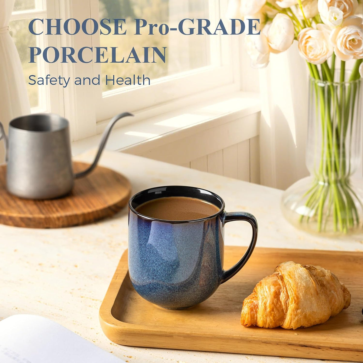 LERATIO 12OZ Ceramic Coffee Mugs Set of 6, Large Porcelain Coffee Cups With Large Handle For Latte,Cappuccino,Milk,Cocoa,|Dishwasher&Microwave Safe Mug Sets,Ideal for Man,Woman,Dad, Mom-Blue