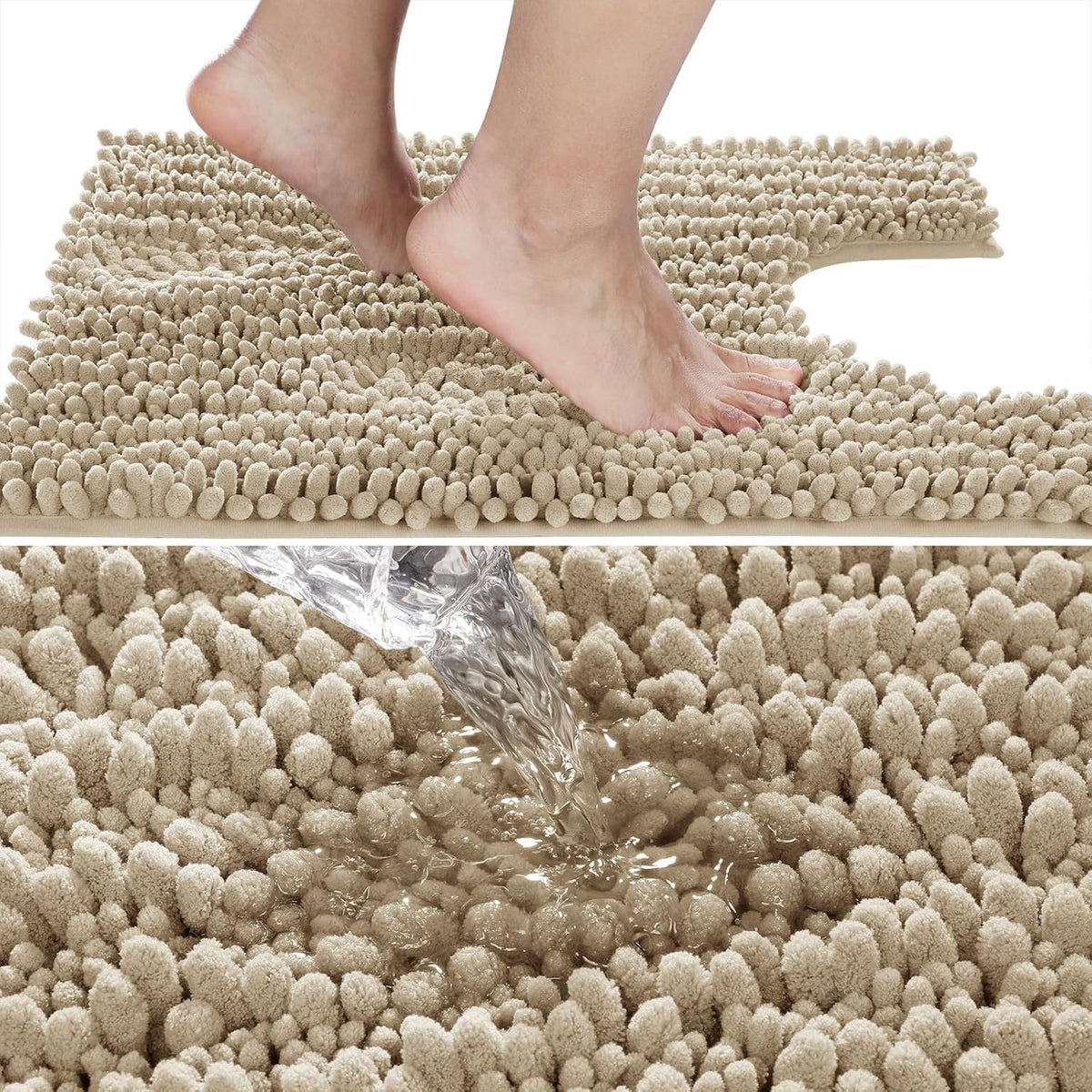 Yimobra Toilet Rug U Shaped Washable 24x20 Inch - Ultra Soft Absorbent Chenille Bath Rugs for Toilet, Quick Dry & Machine Washable, Non Slip Contour Bathroom Mat, Pale Khaki