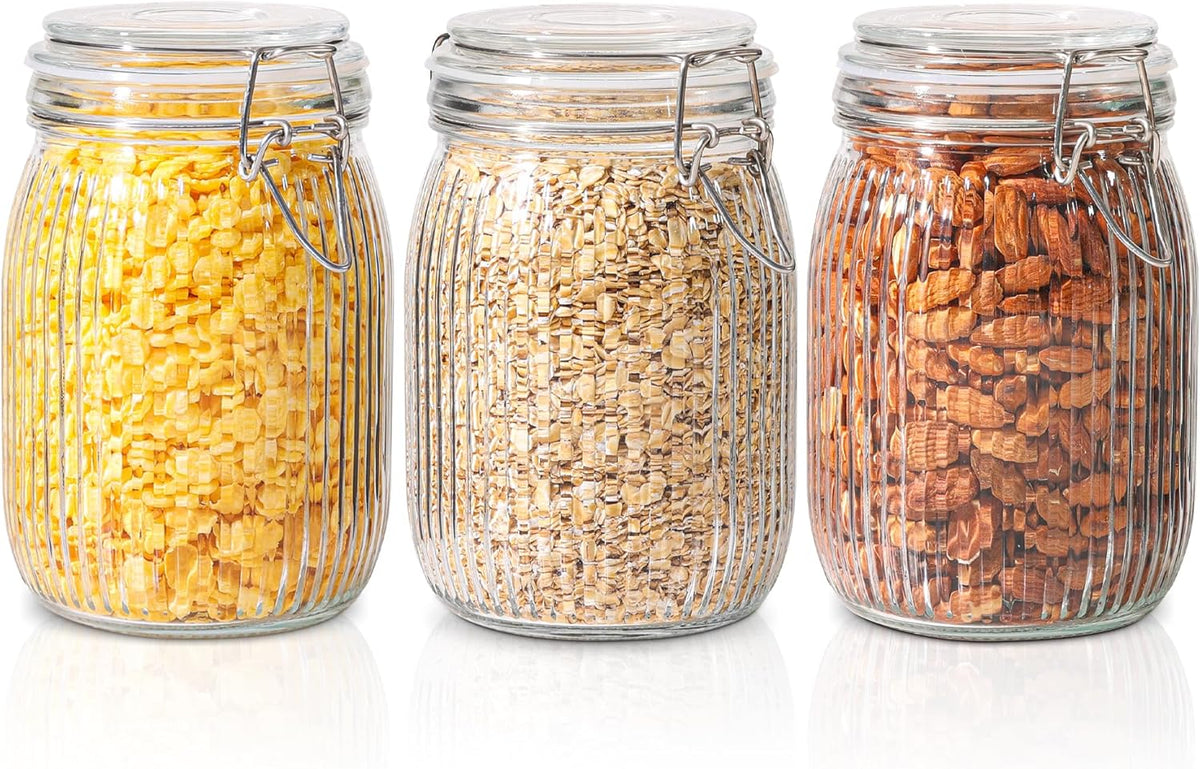 ComSaf Airtight Glass jar with lid 37oz Set of 3, Glass Storage Containers with Lids, Glass Canisters, Striped Clip Fastening Jar for Kitchen Canning, Tea, Pasta, Sugar, Beans, Cookie, Jam, Oat