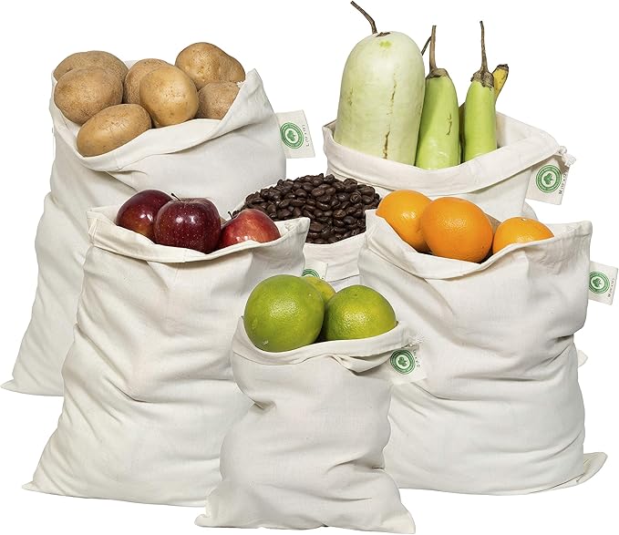 Reusable Produce Bags Cotton Washable - Organic Cotton Vegetable Bags - Cloth Bag with Drawstring - Muslin Fabric Produce Bags - Bread Bag - Set of 6 (2 Large, 2 Medium, 2 Small)