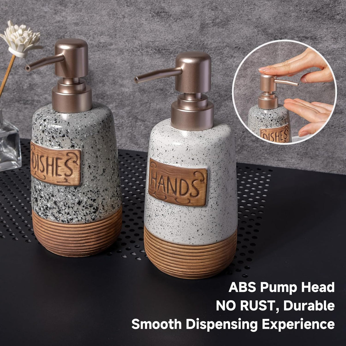 Hand and Dish Soap Dispenser Set, Farmhouse Ceramic Soap Dispenser for Kitchen Sink, 15 OZ Vintage Hand Wash Liquid Dispenser for Bathroom Rustic Boho Modern Kitchen Decor Accessories