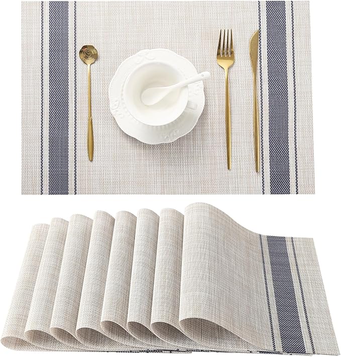 Leetaltree Khaki-Blue Placemats, Heat Resistant Non-Slip Place mats for Dining Table, Washable Durable PVC Vinyl Woven Table Mats (Set of 8)
