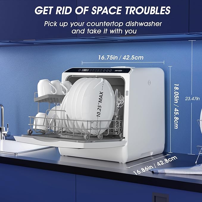AIRMSEN Portable Countertop Dishwashers, 5 Washing Programs Mini Dishwashers with 5 L Built-in Water Tank and Double-layered Glass Door, No Hookup Needed for Home, Apartments & RVs