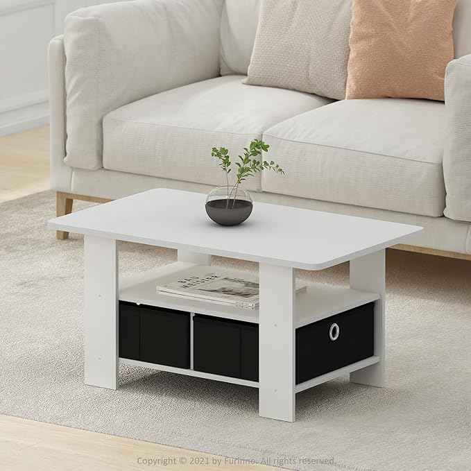 Furinno Andrey Coffee Table, Small Modern Coffee Table with Storage and Bin Drawer, Side Table for Living Room, Bedroom, Home Office, White