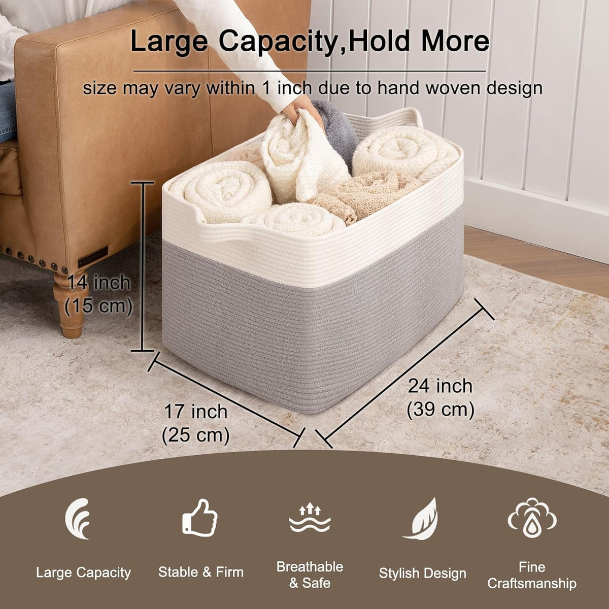 OIAHOMY 95L Blanket Basket, 24”x17”x14”, Large Woven Baskets for Storage, Nursery Cotton Rope Basket with Handle, Living Room, Nursery, Bedroom,Toy Baskets Organizer Bins, Grey & White