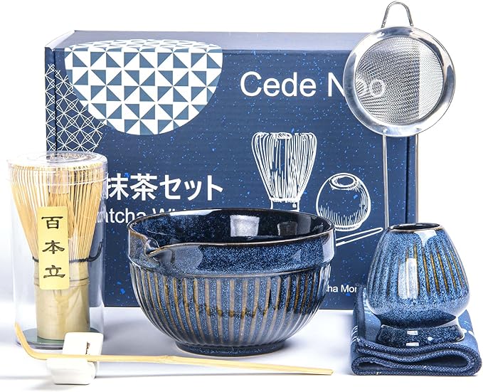7pcs Matcha Whisk Set with 18oz Spout Bowl, Japanese Tea Ceremony Kit, Natural Bamboo Whisk Scoop, Ceramic Holder Sifter Towel, Best Gift for Beginners and Matcha Lovers