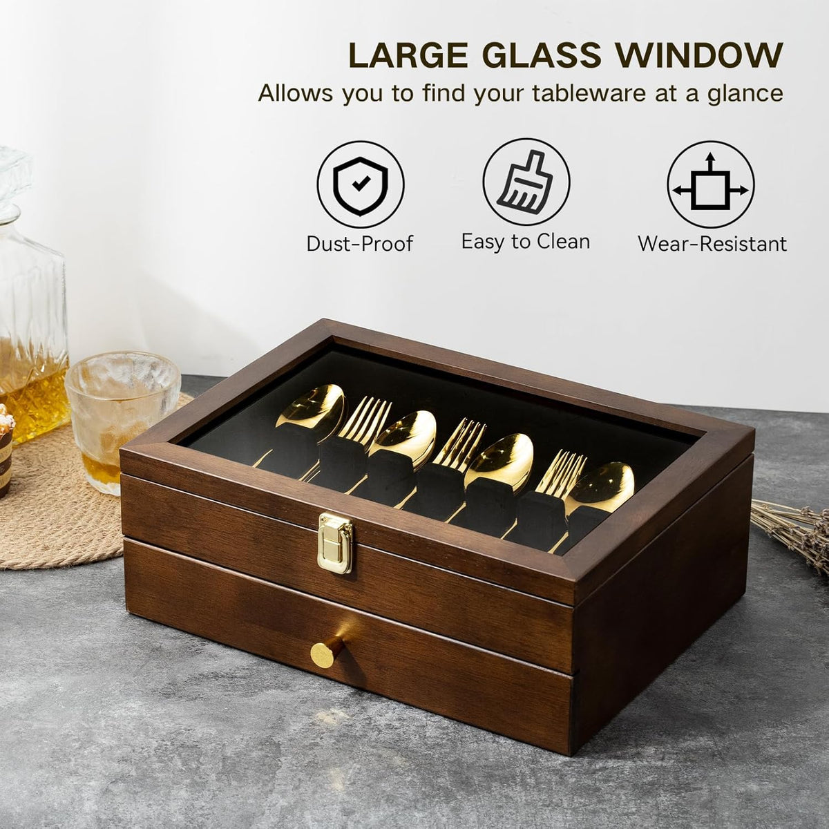 Silverware Box, 2-Layer Wooden Silverware Storage Box with Glass Lid, 14.5×10.6 Inches Luxury Style Decor Flatware Storage Case for Fine Flatware & Utensils, Gift Idea (Walnut)