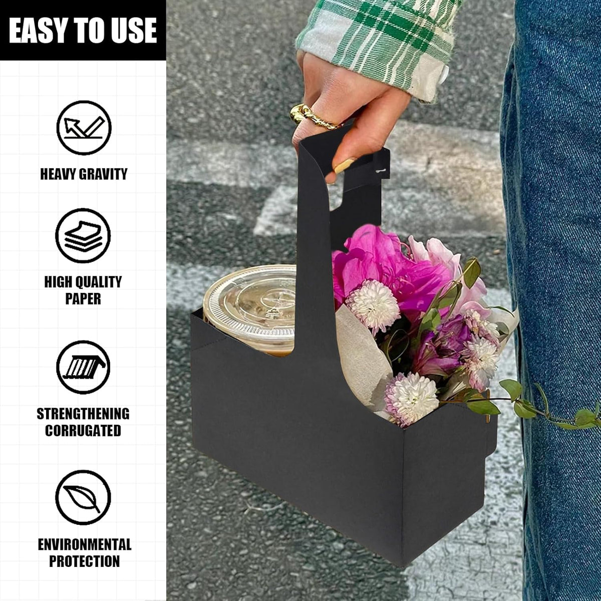 2 Cup Disposable Drink Carrier for Delivery with Handle,15 Count Black Paperboard Cup Holder,Cup Carriers for Hot or Cold Drinks,Coffee Carrier, Food Delivery,Take Out Cup Carriers (Black, 15 PCs)