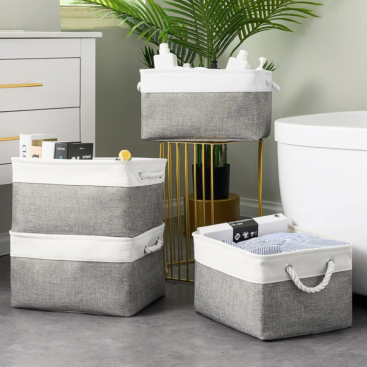 TcaFmac Storage Basket for Organizing - Large 4 Pack 15.8x11.8x8.2 inch Fabric Storage Bins for Shelves, Foldable Storage Cubes for Closet Cloth Toy Gift Kids(White&Grey)