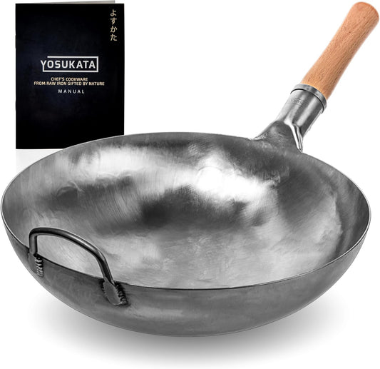 YOSUKATA 14” Round Bottom Carbon Steel Woks and Stir Fry Pans – Unseasoned Pow Wok for Stir Fry, BBQ, Grill & Camping – Hand-Hammered Traditional Japanese and Chinese Pan – Gas Stove, Open Fire Only